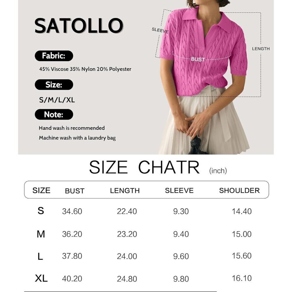 Womens Pink Short Sleeve Sweater Top Cable Knit Casual Summer V Neck Polo Shirts - Picture 6 of 6